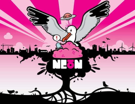 Illustration advertising NEoN. Under a pink sky is the silouette of a city. In the foreground,sitting on the NEoN logo is a large seagull.