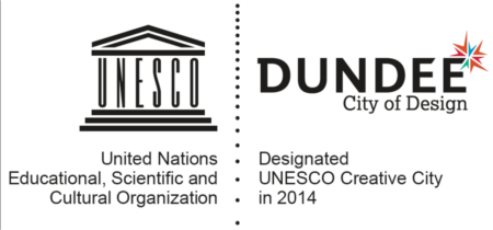 Dundee City of Design logo and UNESCO logo. Black writing on white background.