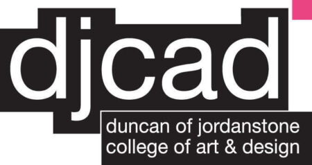 DJCAD, Duncan of Jordanstone college of art and design logo. Black writing on white background.