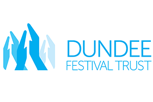 Dundee Festival Trust logo. Three pairs of illustrated applauding hands, coloured in three different shades of blue next to the words Dundee Festival Trust written in blue capital letters on white background.