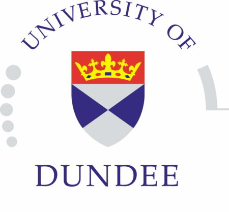University of Dundee logo. Dark blue writing on white background with coat of arms in the centre.