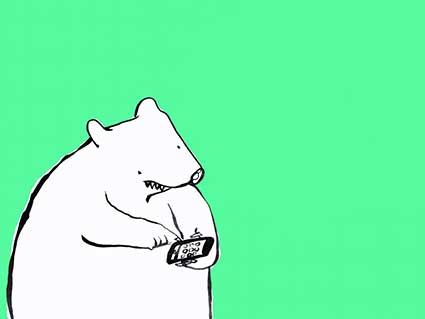 Illustration of a white bear using a smartphone on a green background.