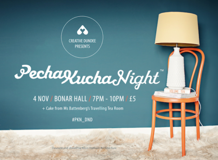 A chair with a table lamp is situated by teal coloured wall. On the wall is the Creative Dundee logo in white and the words "Pecha Kucha Night" also in white writing.