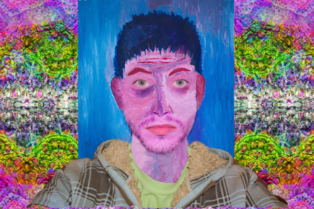 A very colourful self portrait of a person with black hair and a very pink face. The person is wearing a beige and brown checked zip up coat.