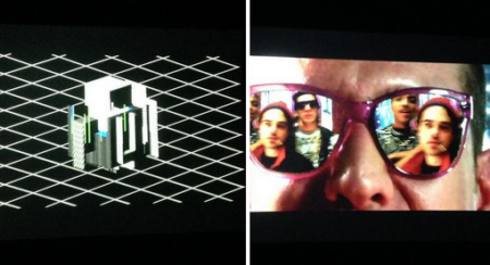 An image split into two.On the left hand side sits, what looks like, an 8bit representation of a group of buildings sitting on a diamond shape, patterned floor.The image on the right is a close up of a persons face, wearing mirrored sunglasses.