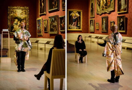 Two photos from Boston Museum of Fine Arts. Both photos feature two people, one of which is draped in what looks like a large flowery curtain and singing at the other person who is dressed in black and sitting on a chair.