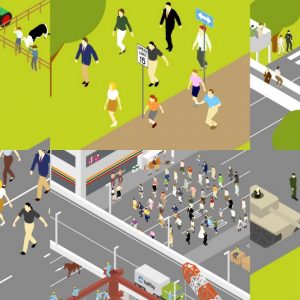 Six computer generated illustrations. From left to right; A group of people walking through a park. Second image is a close up of people walking through a park.Third image is of people walking across a zebra crossing.Fourth image is a close up of people walking on a road.Fifth image is of a group of people walking along a road and heading towards a bridge. The final image is of a group of soldiers standing next to a tank.
