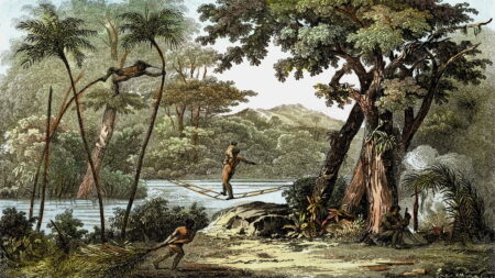 A painting of a forest scene in which a person carrying a child is crossing a river on a rope ladder.