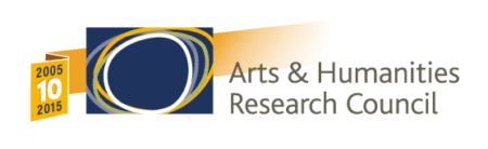 Arts and Humanities Research Council logo. Black writing on white background next to small black square with white,orange and grey circles inside.