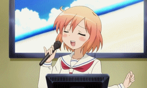A gif containing a Japanese style animation of a young person singing Karaoke in a small room.
