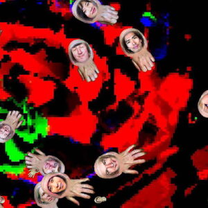 On a black background are swirls of green,red and blue abstract shapes. Super imposed over these shapes are disembodied human hands with faces pictured on them.