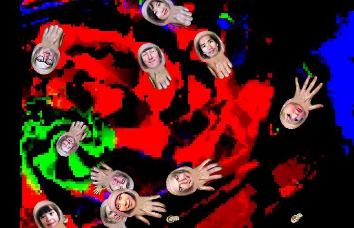 On a black background are swirls of green,red and blue abstract shapes. Super imposed over these shapes are disembodied human hands with faces pictured on them.