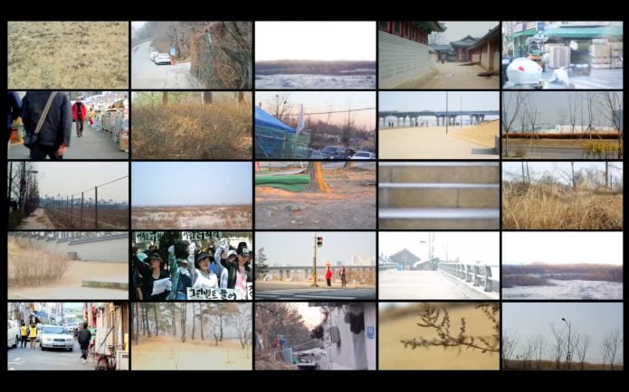 A screenshot of an artwork called The Guryong Walks by artist Linda Havenstein. The screenshot comprises of twenty five images of various locations in the Gandham District of Seoul, South Korea.