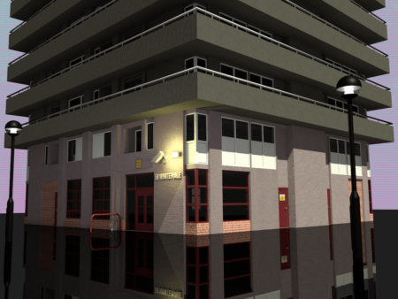 Computer generated image of a concrete apartment building with red doors and window frames at the bottom and white framed windows on the higher levels.