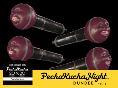 An advertisment fo Pecha Kucha night,Dundee featuring four microphones with black handles and purple smiling faces.