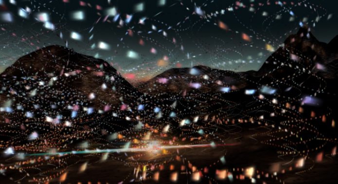 A mountainous landscape with small illuminated,multi-coloured shapes super imposed over the top of the image.