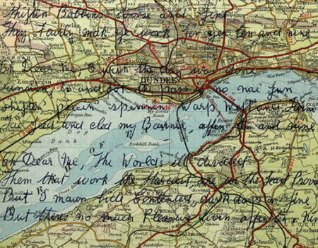 An old, coloured map of Dundee and surrounding area with words,written in black pen, written over the top of it.