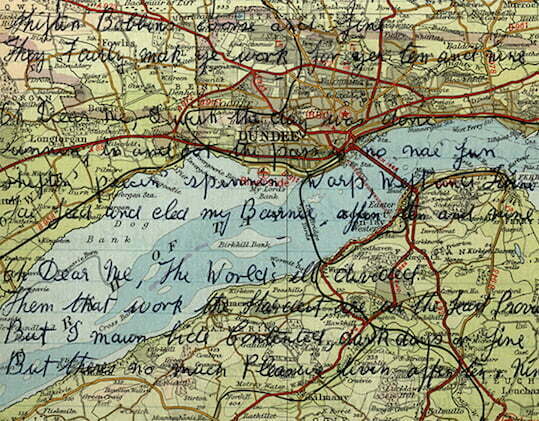 An old, coloured map of Dundee and surrounding area with words,written in black pen, written over the top of it.