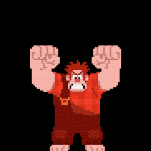A gif of the character Wreckit Ralph.The character is wearing red overalls and waving his arms in the air.