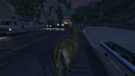 Computer generated image of a Stag walking on a busy road at night.