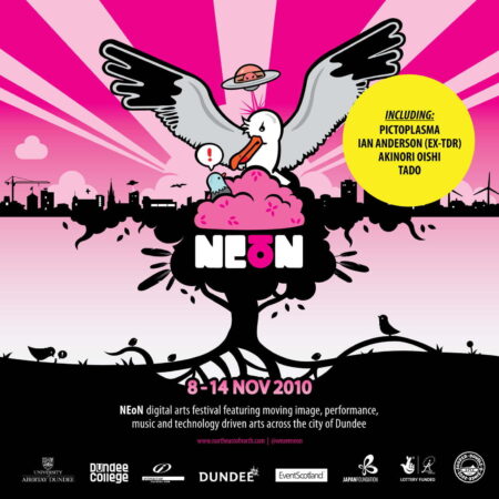 Illustration advertising NEoN. Under a pink sky is the silouette of a city. In the foreground,sitting on the NEoN logo is a large seagull.