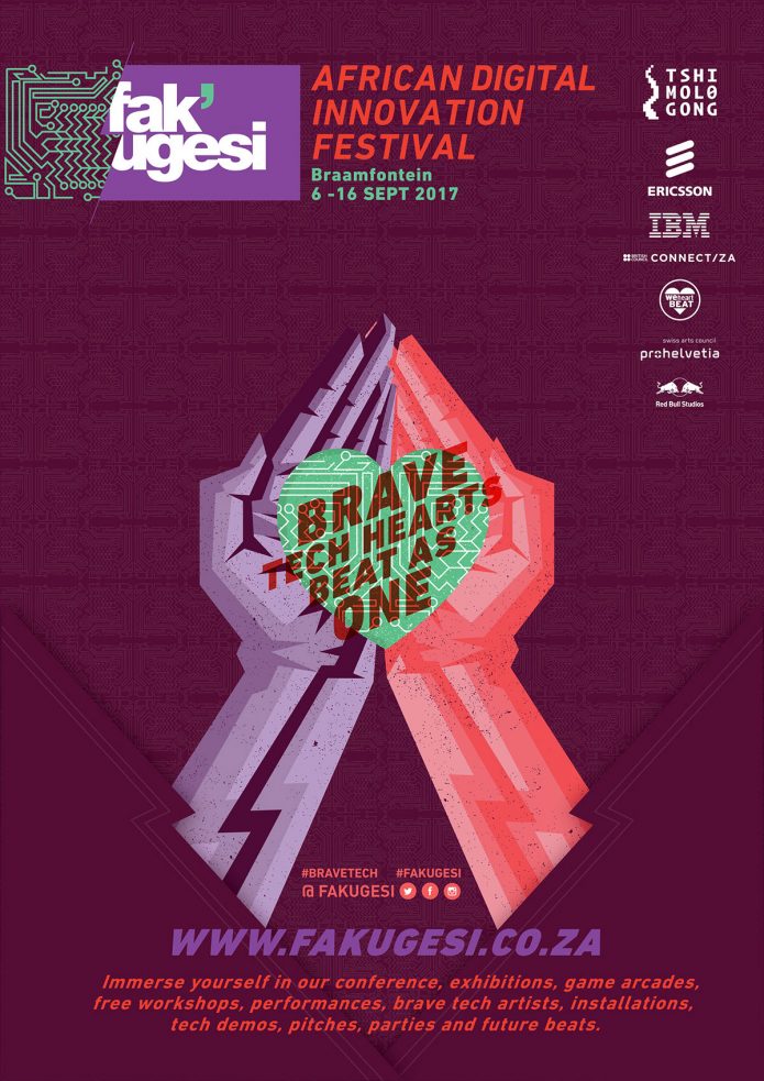 Advertisment for the African Digital Innovation Festival. Two hands, one purple the other red,hold a green love heart with the words Brave Tech Heart Beat as One written on it.