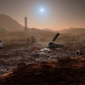 Image of a rocky landscape,possibly the planet Mars,covered in industrial waste.