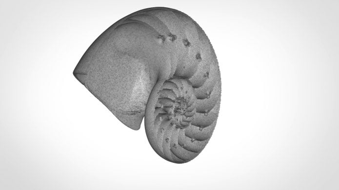 a digital image of a grey,patterned spiral which looks like a prehistoric ammonite fossil.