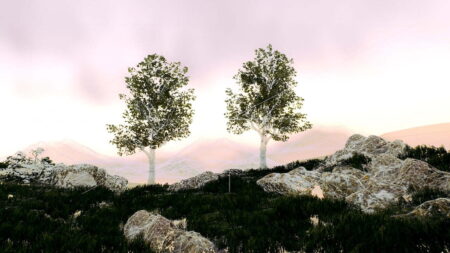 Two trees sit in front of a mountainous landscape.The sky is various shades of pink. In the foreground are rocks surrounded by thick,dark green grass. Superimposed over the top of the rocks are white,wireframe triangular shapes.