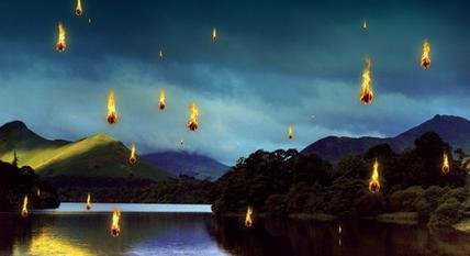Fireballs dropping from the sky onto a large lake and green hills.