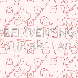 Advert for "Reinventing the Art Lab". Pink background with red shapes.