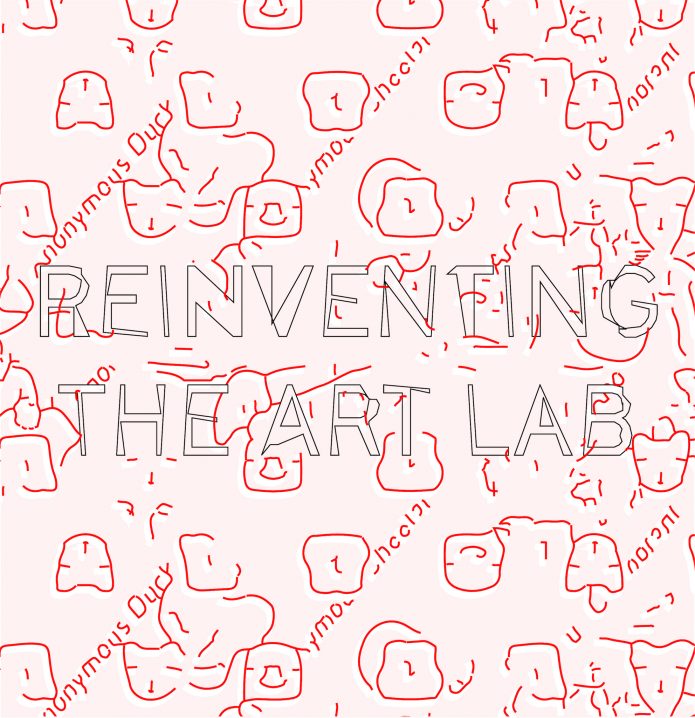 Advert for "Reinventing the Art Lab". Pink background with red shapes.