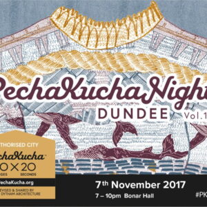 Advert for PechaKucha Night,Dundee Volume19. Flyer consists of a colourful sweater with embroidered whales on it.