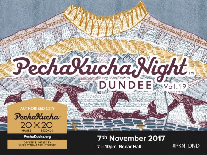 Advert for PechaKucha Night,Dundee Volume19. Flyer consists of a colourful sweater with embroidered whales on it.