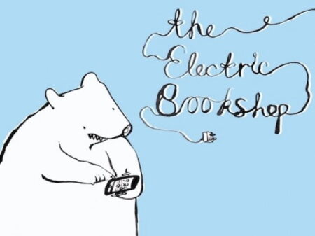 Illustration of a white bear using a smartphone. Written at the side are the words "The Electric Bookshop" in black writing on a blue background.