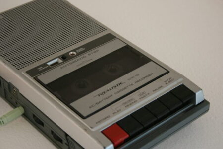 A grey cassette recorder.