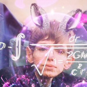 A young Steven Hawking with rabbit ears. Written over the top of this image are some sort of mathematical equations.