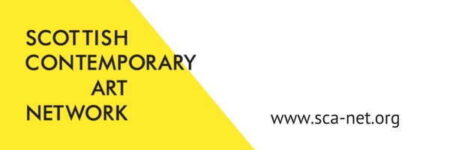 Scottish Contemporary Art Network logo. Black writing on yellow and white background.