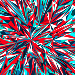 Computer generated image of brightly coloured triangles turning into fractals.