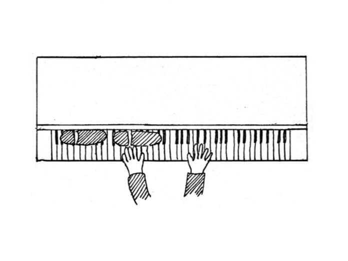 Top down,black and white illustration of a pair of hands playing a piano. Next to the hands are a set of footprints on the piano keys.