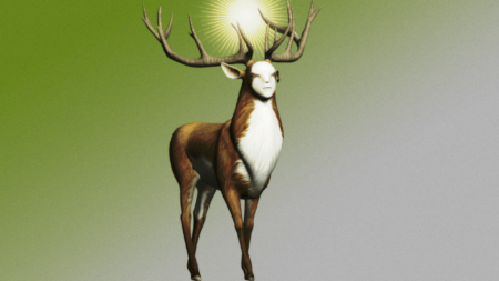 A computer illustration of a stag with antlers and a human face standing underneath the sun.