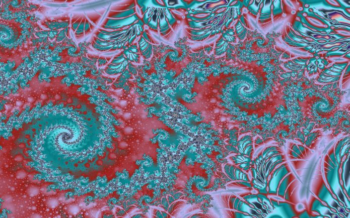 Brightly coloured Fractal Art image.Coloured green,purple and red.