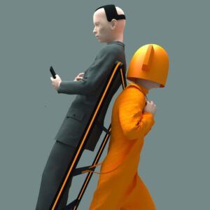 Computer illustrated image of a person dressed in orange and wearing an orange helmet carrying a bald person, wearing a black suit, on their back.