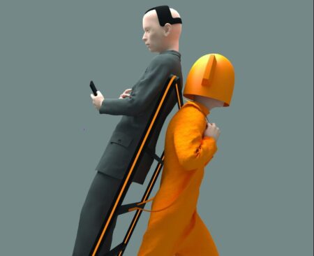 Computer illustrated image of a person dressed in orange and wearing an orange helmet carrying a bald person, wearing a black suit, on their back.