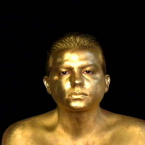 A person coloured gold staring at the camera