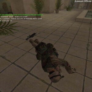 A computer generated image of a dead or dying soldier,lying down in a courtyard with a fountain and palm trees.