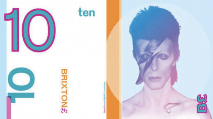 A Brixton Ten Pound Note. One side of the note has the number 10 coloured teal with pink outline on a white background. The other side of the note has an image of David Bowie in his Ziggy Stardust phase.