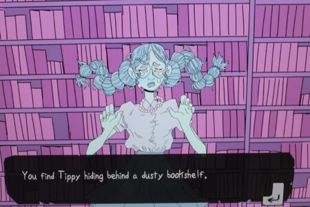 Illustrated image of a person with blue hair and pigtails,wearing a pink blouse and glasses,standing in front of a large bookcase filled with books. Written in white writing on a black background are the words " You find Tippy hiding behind a dusty bookshelf."