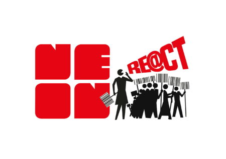 The NEoN logo in red. To the right hand side of the logo is an illustration of a person shouting the word"Volunteer" to a group of illustrated people who are holding placards that look like bar codes.