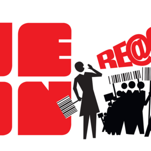 The NEoN logo in red. To the right hand side of the logo is an illustration of a person shouting the word"Volunteer" to a group of illustrated people who are holding placards that look like bar codes.